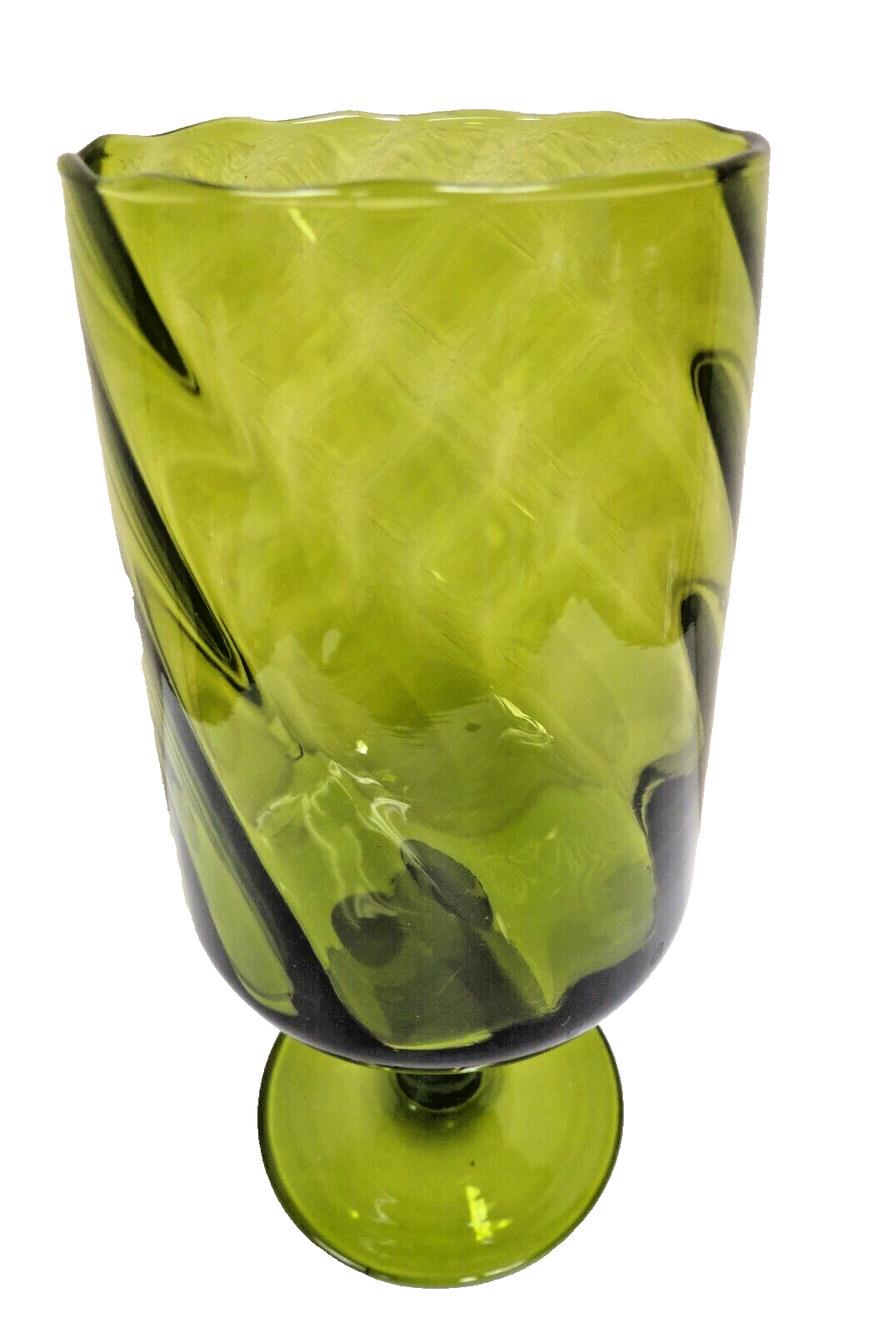 Vintage Mid Century Olive Green Glass Vase Optic Swirl Footed Chalice MCM 8.5"
